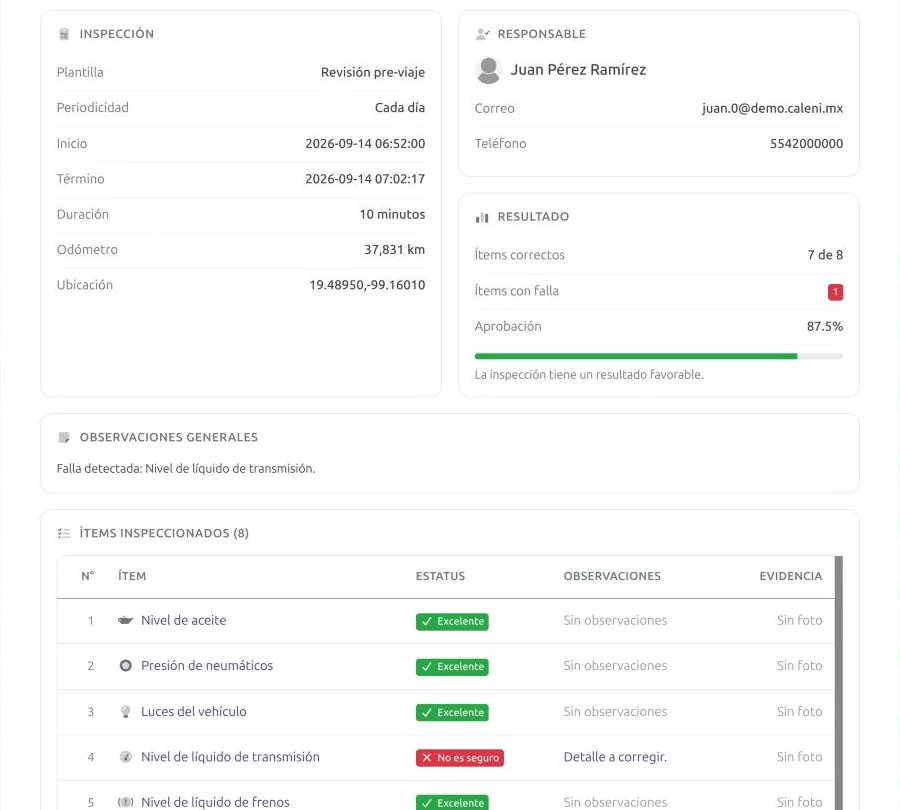 inspección en la app del chofer